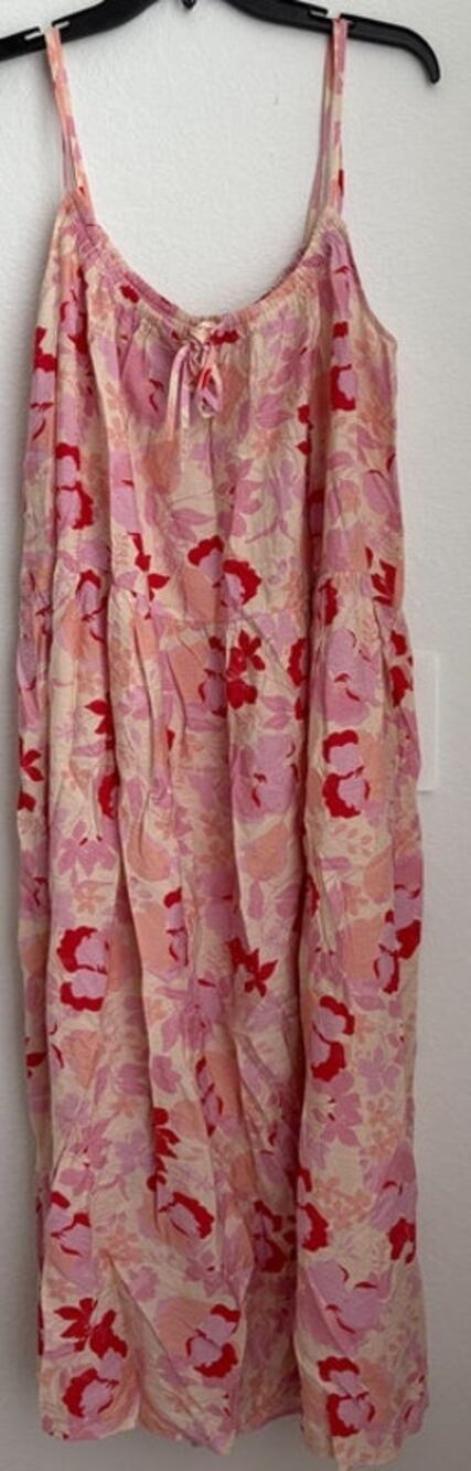 MANGO Womens Floral Beachy Coastal Pink and Red Midi Dress Size Large